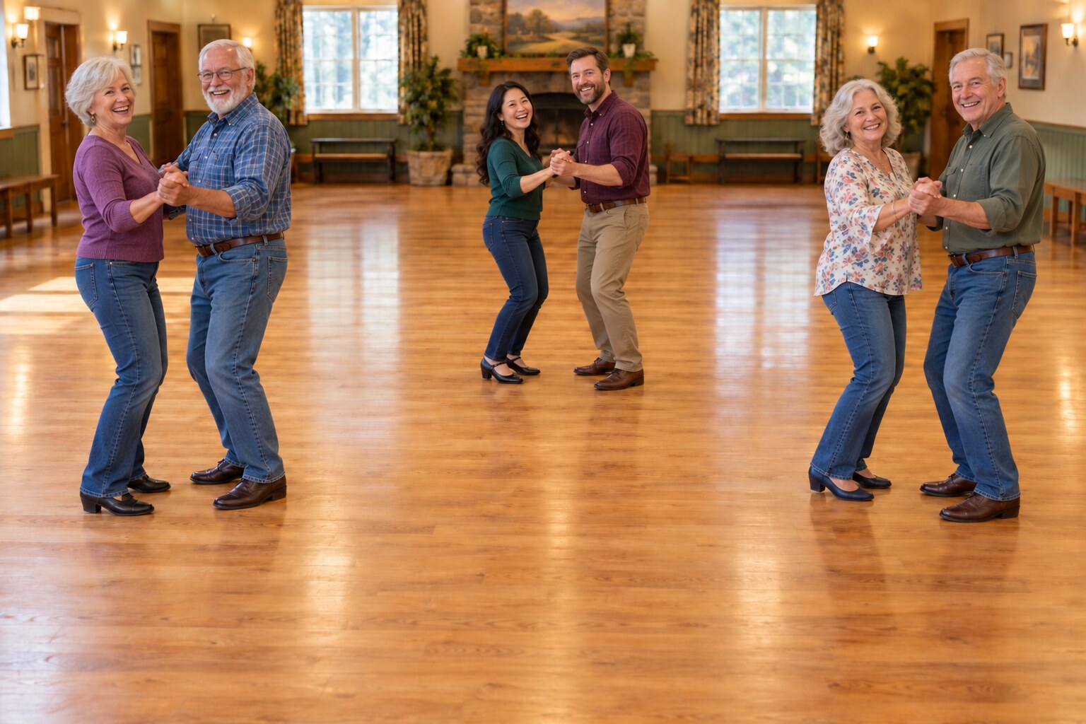 Six square dancers form three sides of a square, leaving the closest couple’s place open