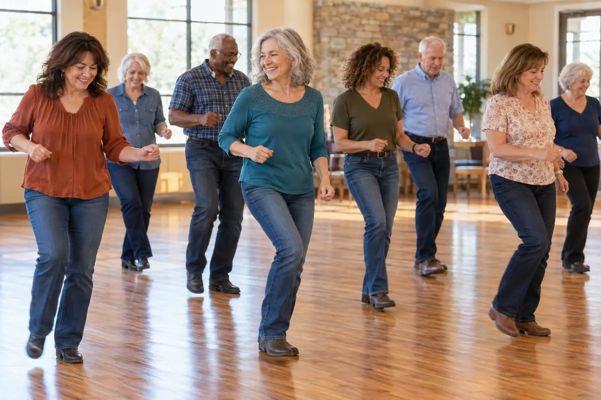 Adults line dancing together in casual clothes