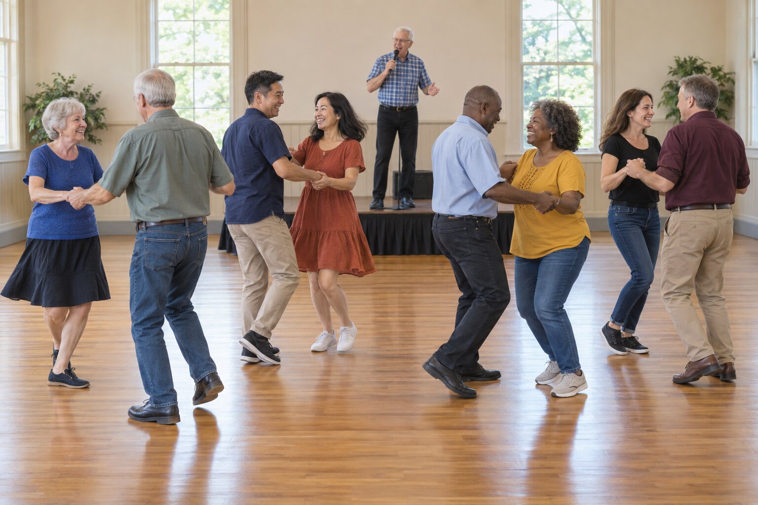 Square dancers listening to their caller